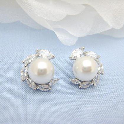 Bridal Pearl Earrings Cubic Zirconia Stud Earrings..