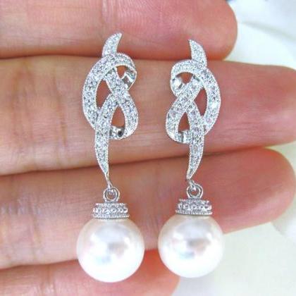 Bridal Pearl Earrings Wedding Pearl Jewelry Ribbon..