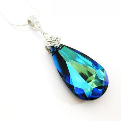 Bermuda Blue Necklace Swarovski Crystal Teardrop..