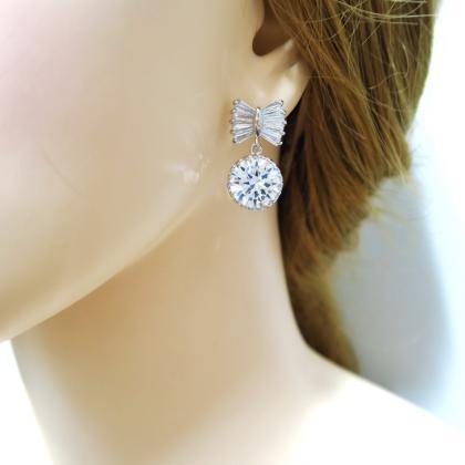 Ribbon Bow Cubic Zirconia Round Crystal Earrings..