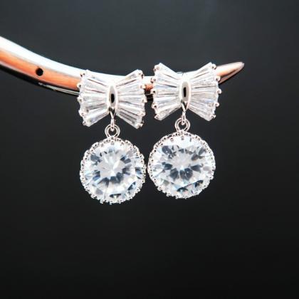 Ribbon Bow Cubic Zirconia Round Crystal Earrings..