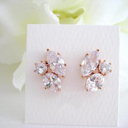 Bridal Crystal Stud Earrings Rose Gold, Clear..
