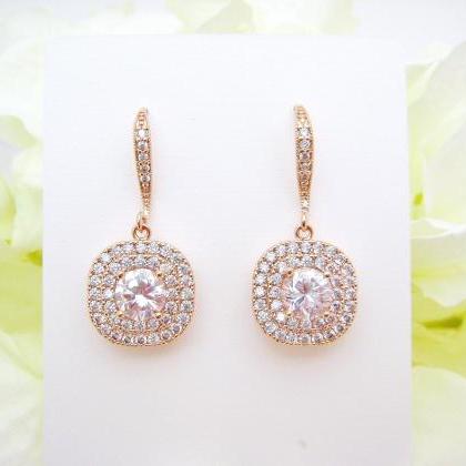Rose Gold Bridal Crystal Earrings Square Cut Halo..
