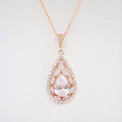 Rose Gold Bridal Crystal Necklace Cubic Zirconia..