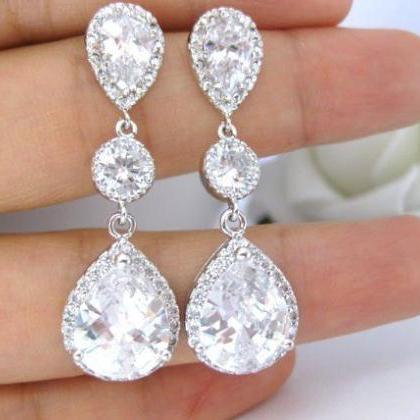 Bridal Crystal Earrings, Cubic Zirconia Teardrop..