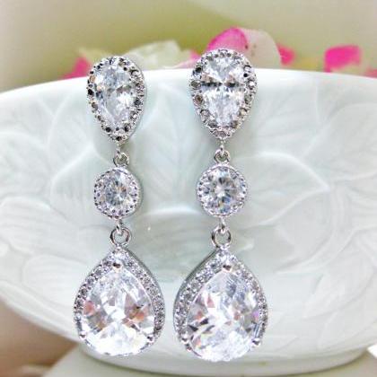 Bridal Crystal Earrings, Cubic Zirconia Teardrop..