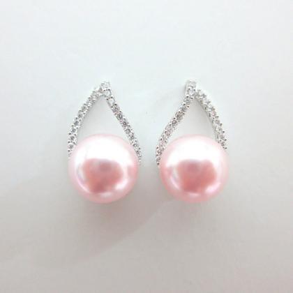Blush Pink Pearl Earrings Bridal Cubic Zirconia..
