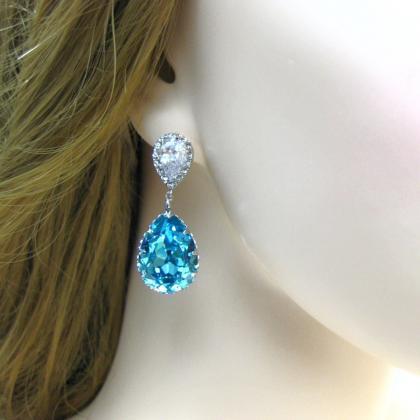 Teal Blue Swarovski Crystal Earrings Wedding..