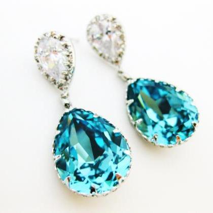 Teal Blue Swarovski Crystal Earrings Wedding..