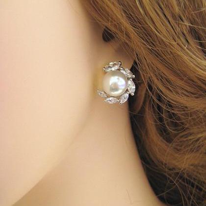 Dark Grey Bridal Pearl Earrings Lux Cubic Zirconia..