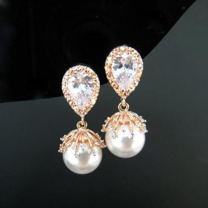 Rose Gold Bridal Pearl Earrings Swarovski 10mm..