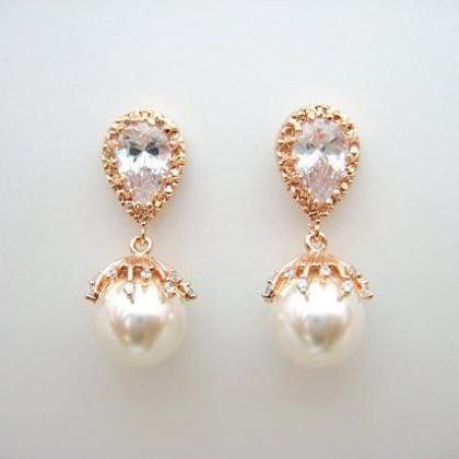 Rose Gold Bridal Pearl Earrings Swarovski 10mm..