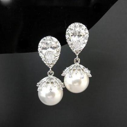 Bridal Pearl Earrings Swarovski 10mm Pearl Floral..