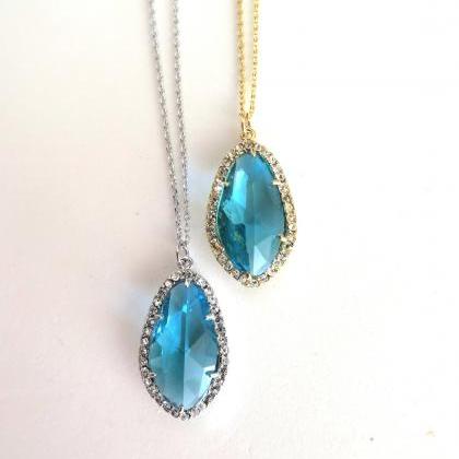Teal Blue Teardrop Necklace Light Blue Crystal..