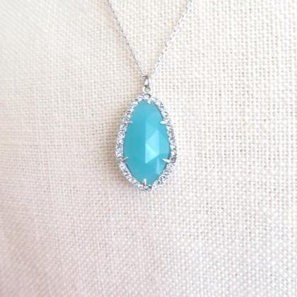 Cloudy Mint Teardrop Necklace Light Blue Crystal..