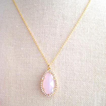 Cloudy Light Pink Teardrop Necklace Crystal Charm..