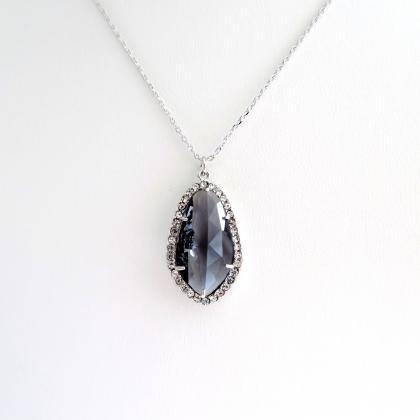 Dark Grey Teardrop Necklace Charcoal Crystal Charm..