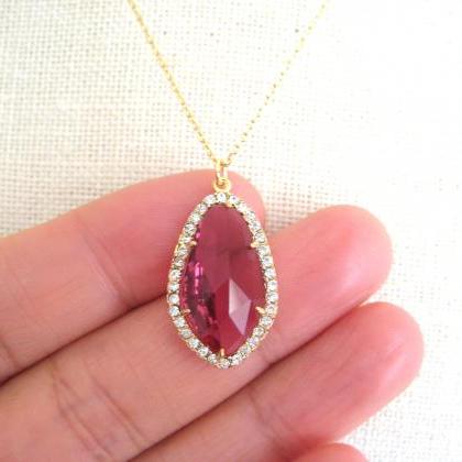 Ruby Red Teardrop Necklace Crystal Charm Necklace..