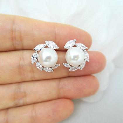 Bridal Pearl Earrings Lux Cubic Zirconia Stud..
