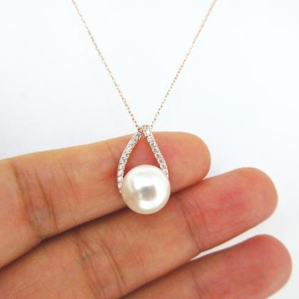Bridal Pearl Necklace Rose Gold Cubic Zirconia..