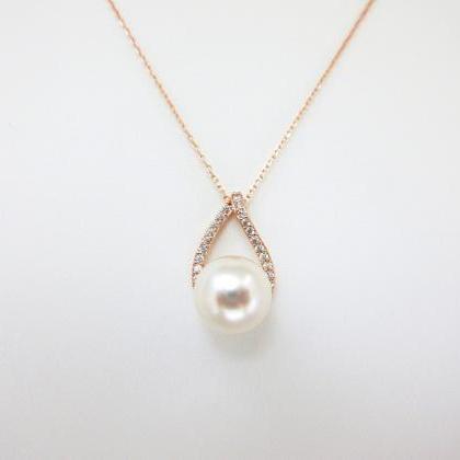 Bridal Pearl Necklace Rose Gold Cubic Zirconia..