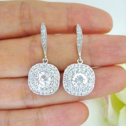 Rose Gold Bridal Crystal Earrings Square Cut Halo..