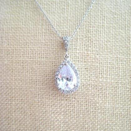 Bridal Crystal Teardrop Necklace Clear Cubic..