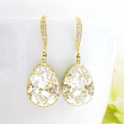 Bridal Crystal Earrings Gold Swarovski Clear..