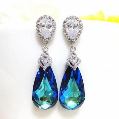 Blue Bridal Earring Swarovski Crystal Bermuda Blue..