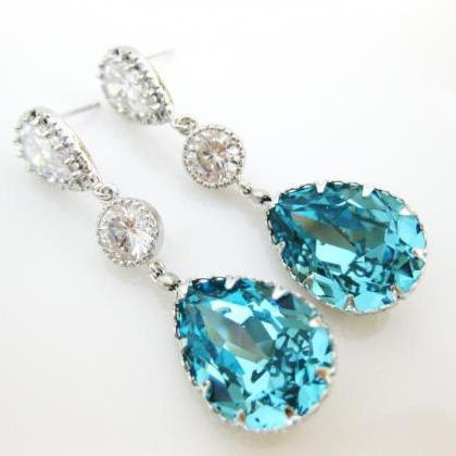 Teal Blue Teardrop Earrings Bridal Crystal..