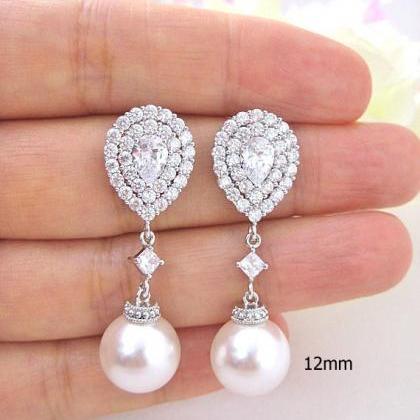 Bridal Pearl Earrings Cubic Zirconia Teardrop..