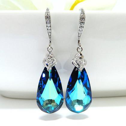 Bermuda Blue Earrings Swarovski Crystal Teardrop..