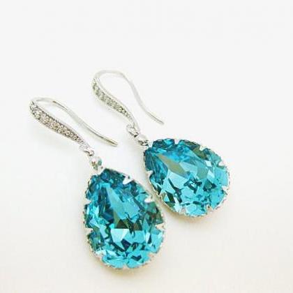 Teal Blue Earrings Swarovski Light Turquoise..