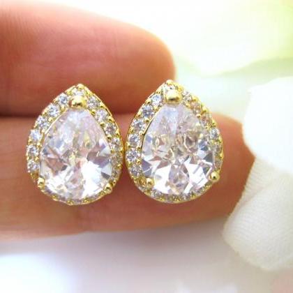 Gold Crystal Earrings Cubic Zirconia Teardrop Stud..