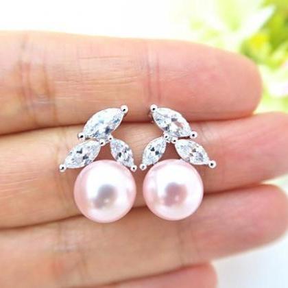 Blush Pink Pearl Earrings Wedding Jewelry Cubic..