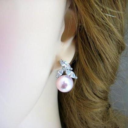 Blush Pink Pearl Earrings Wedding Jewelry Cubic..