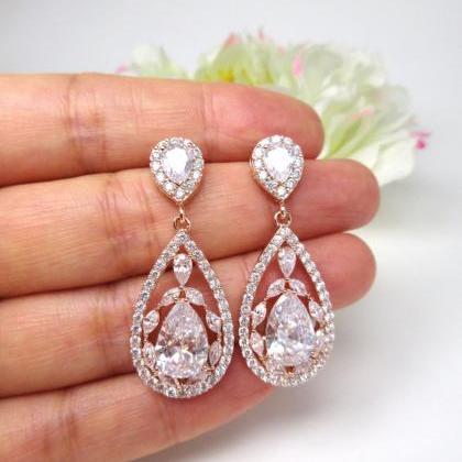 Crystal Bridal Earrings In Rose Gold, Clear Cubic..