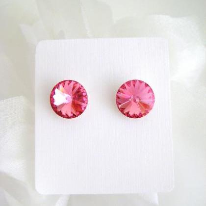 Ruby Pink Crystal Stud Earrings Swarovski 12mm..