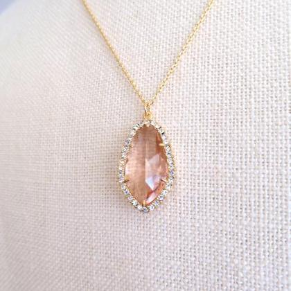 Champagne Peach Teardrop Necklace Crystal Charm..