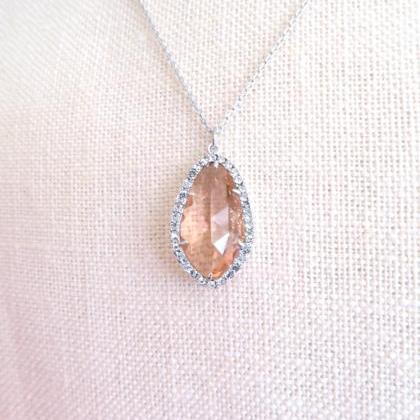 Champagne Peach Teardrop Necklace Crystal Charm..