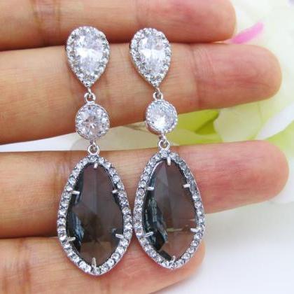 Dark Grey Bridal Earrings Charcoal Black Diamond..