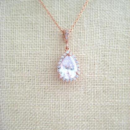 Bridal Crystal Teardrop Necklace Gold Clear Cubic..