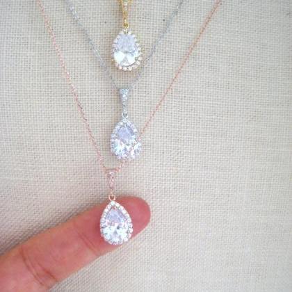 Bridal Crystal Teardrop Necklace Gold Clear Cubic..