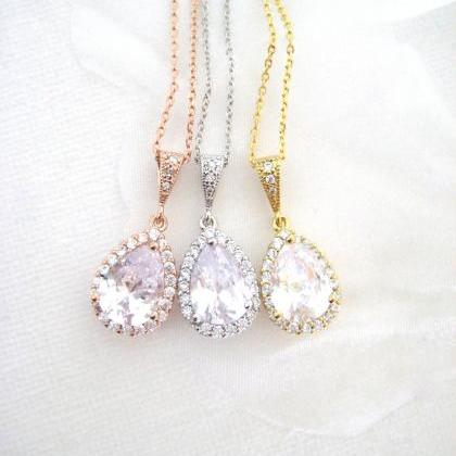 Bridal Crystal Teardrop Necklace Rose Gold Clear..