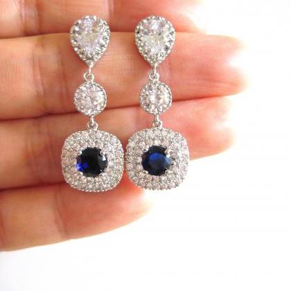 Sapphire Blue Earrings Bridal Halo Style Square..