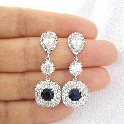 Sapphire Blue Earrings Bridal Halo Style Square..