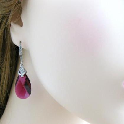 Ruby Teardrop Earrings Fuchsia Earrings Swarovski..