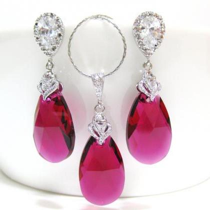 Ruby Crystal Earrings & Necklace Gift..