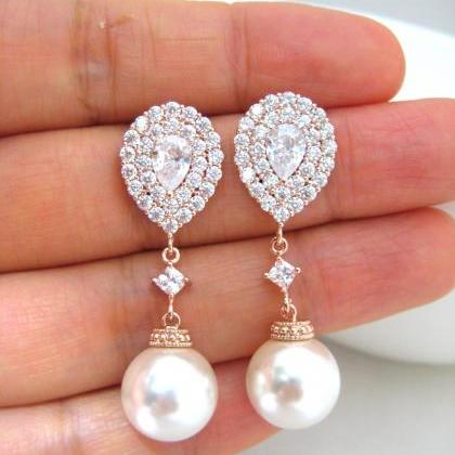 Pearl Bridal Earrings Rose Gold Cubic Zirconia..