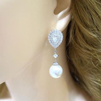 Pearl Bridal Earrings Rose Gold Cubic Zirconia..